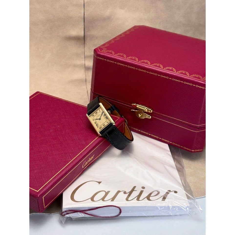 24x31mm • 1980s Cartier Tank Vermeil Must De Champagne Lemon Dial Gold Plated